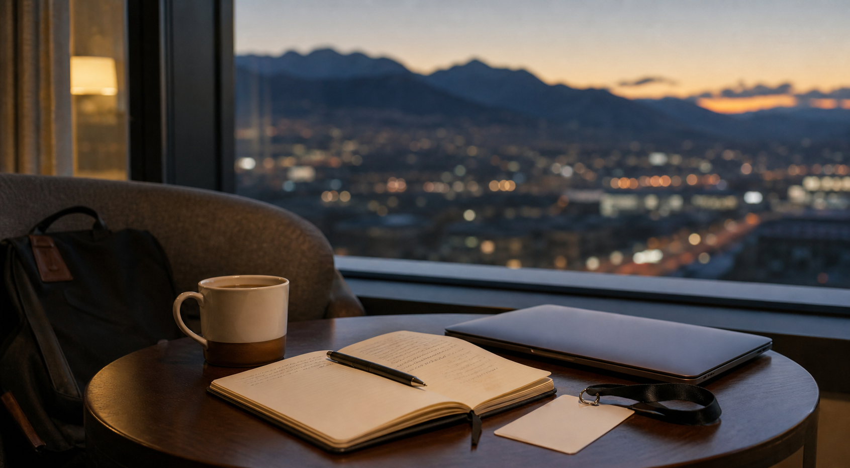 A quiet mountain summit scene with notes, warm conference light, and Colorado foothills in the distance