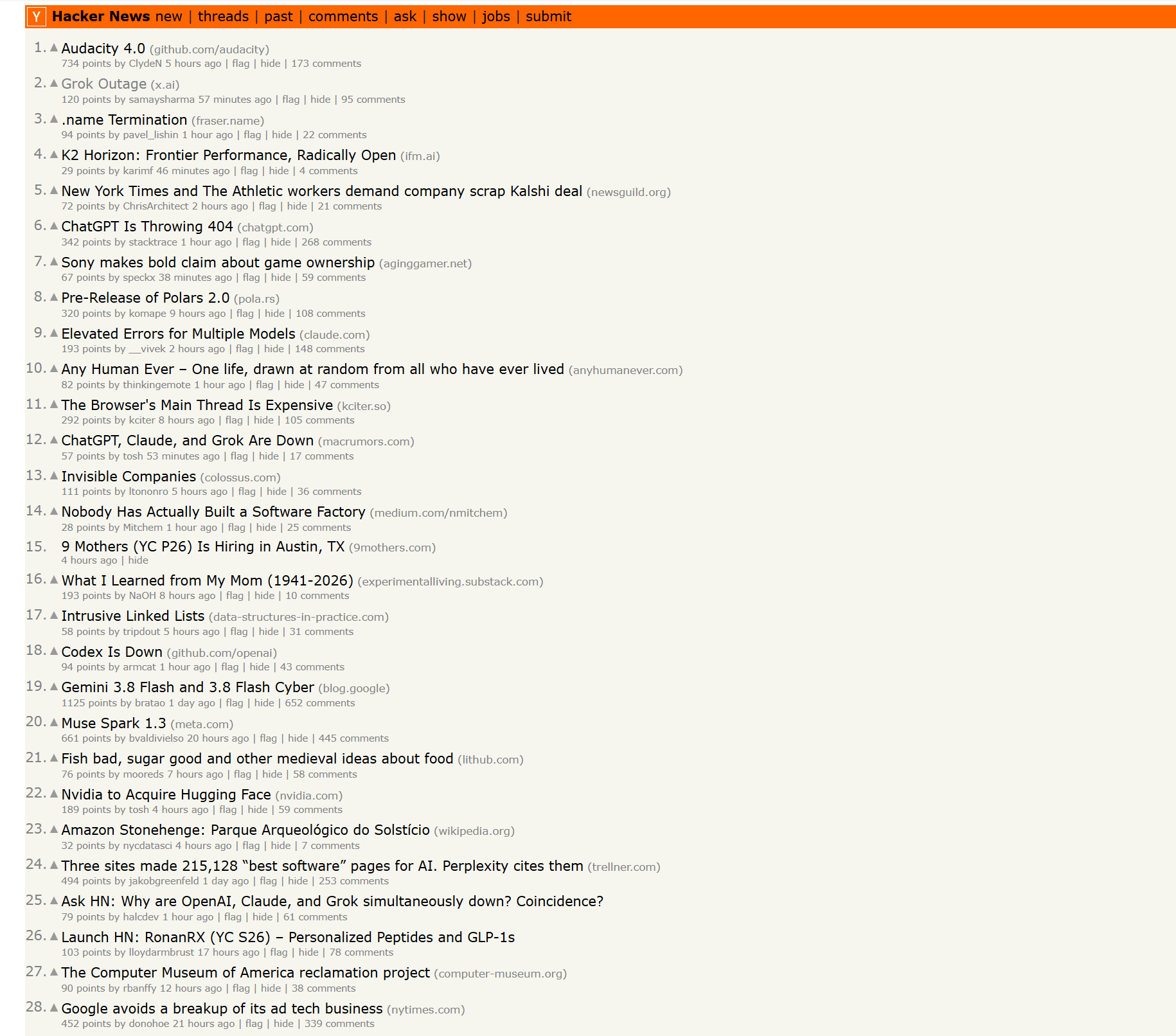 Hacker News front page with six of the top 25 stories about Grok, ChatGPT, Claude or Codex service trouble