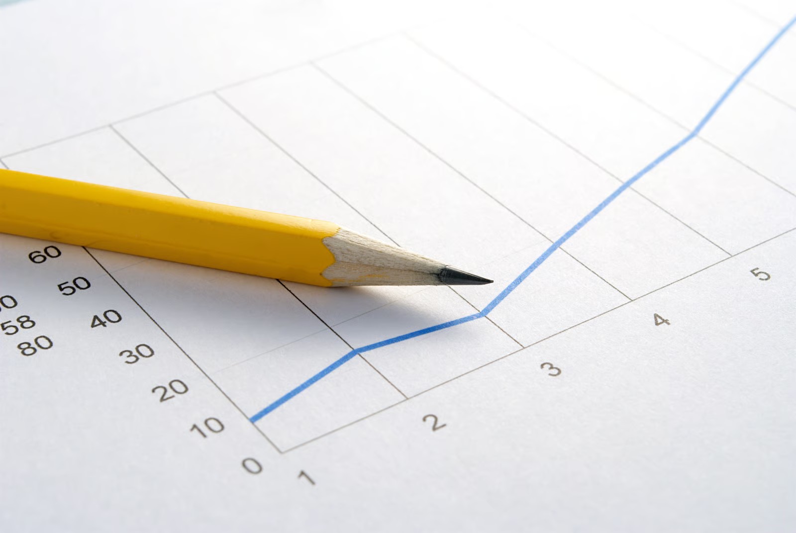 A yellow pencil rests on a printed blue line graph