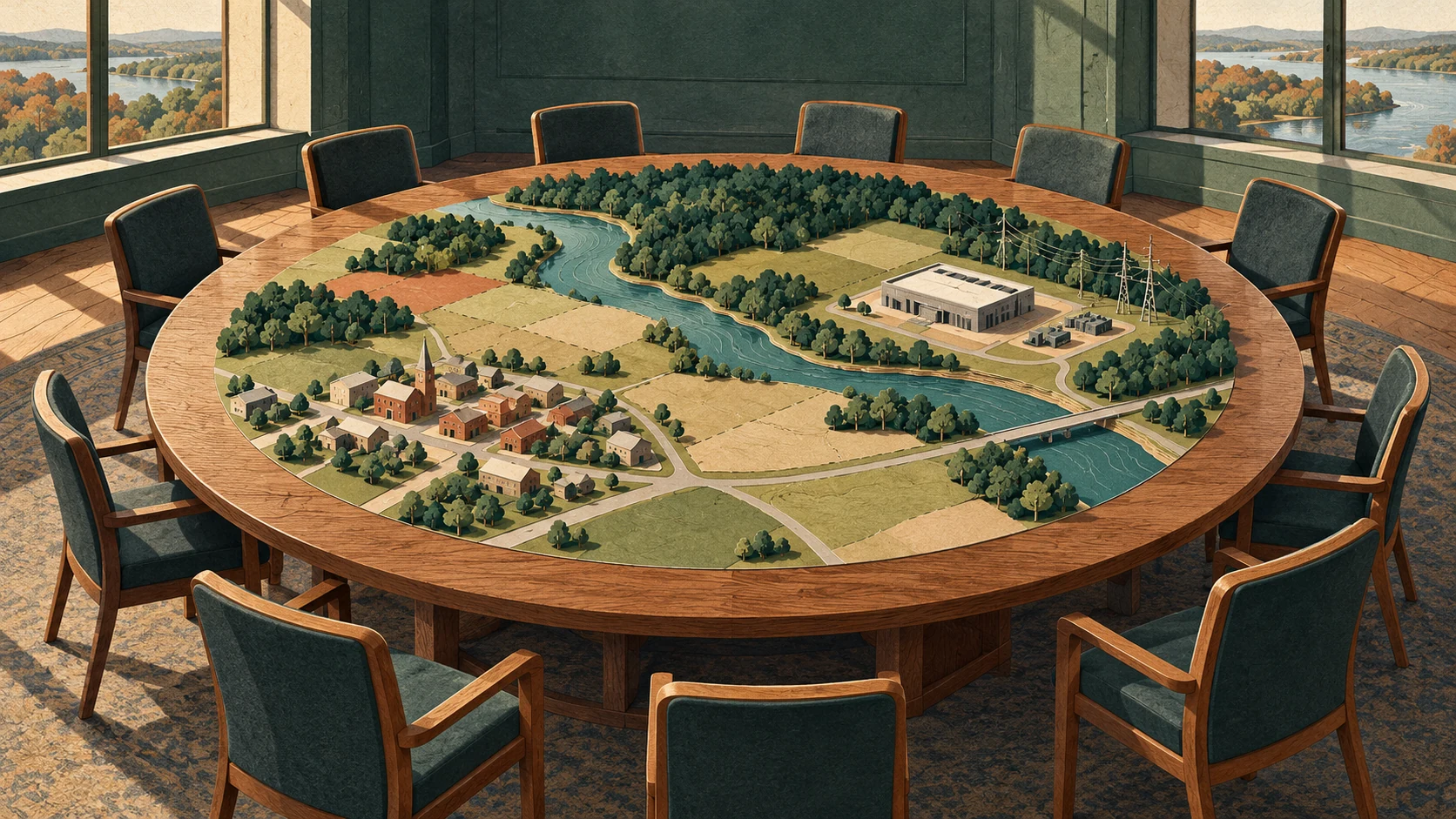 An unlabelled town and infrastructure planning model on a round table surrounded by empty chairs.
