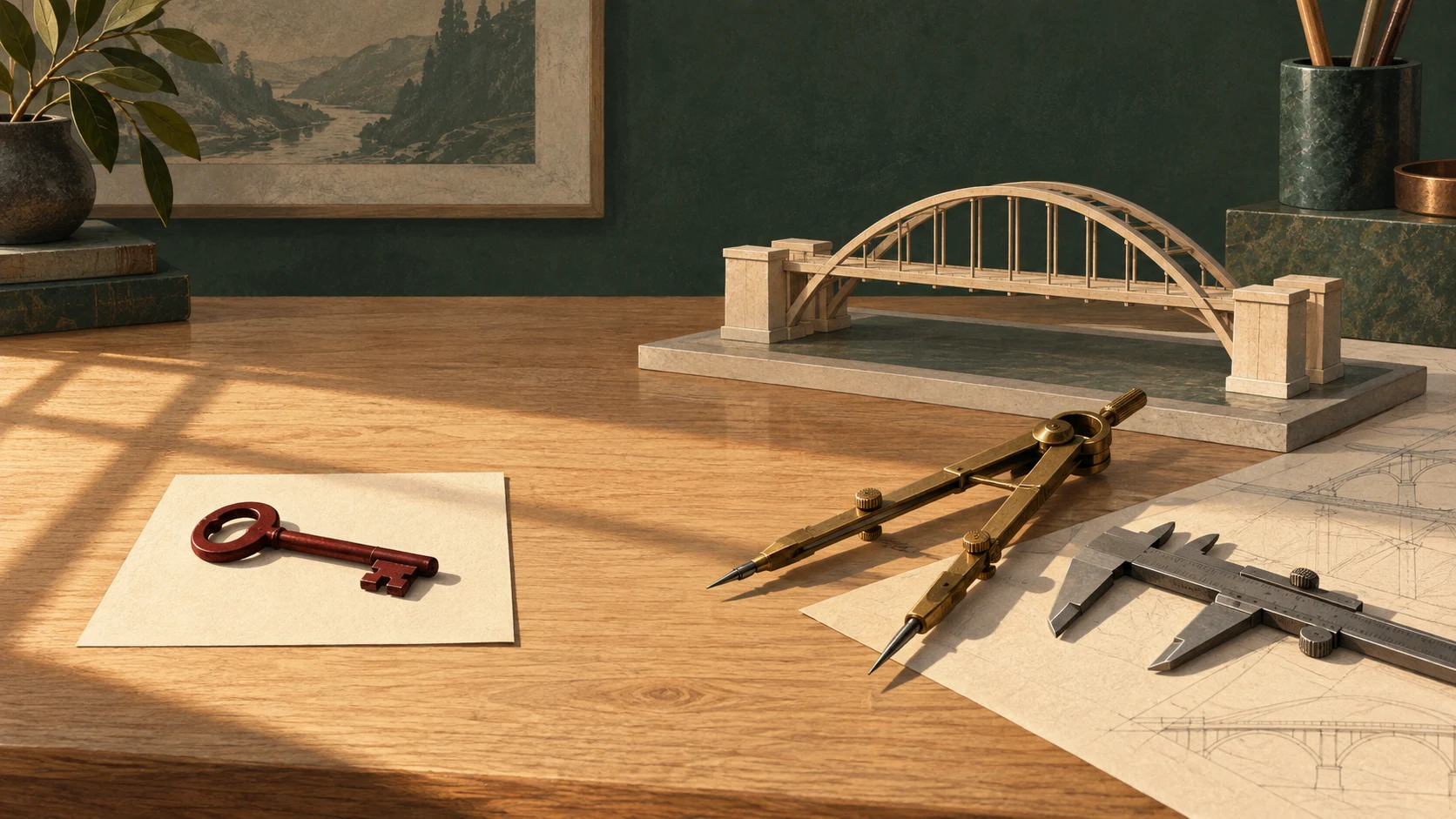 A red key lies apart from brass drafting tools and a bridge model on a wooden workbench.