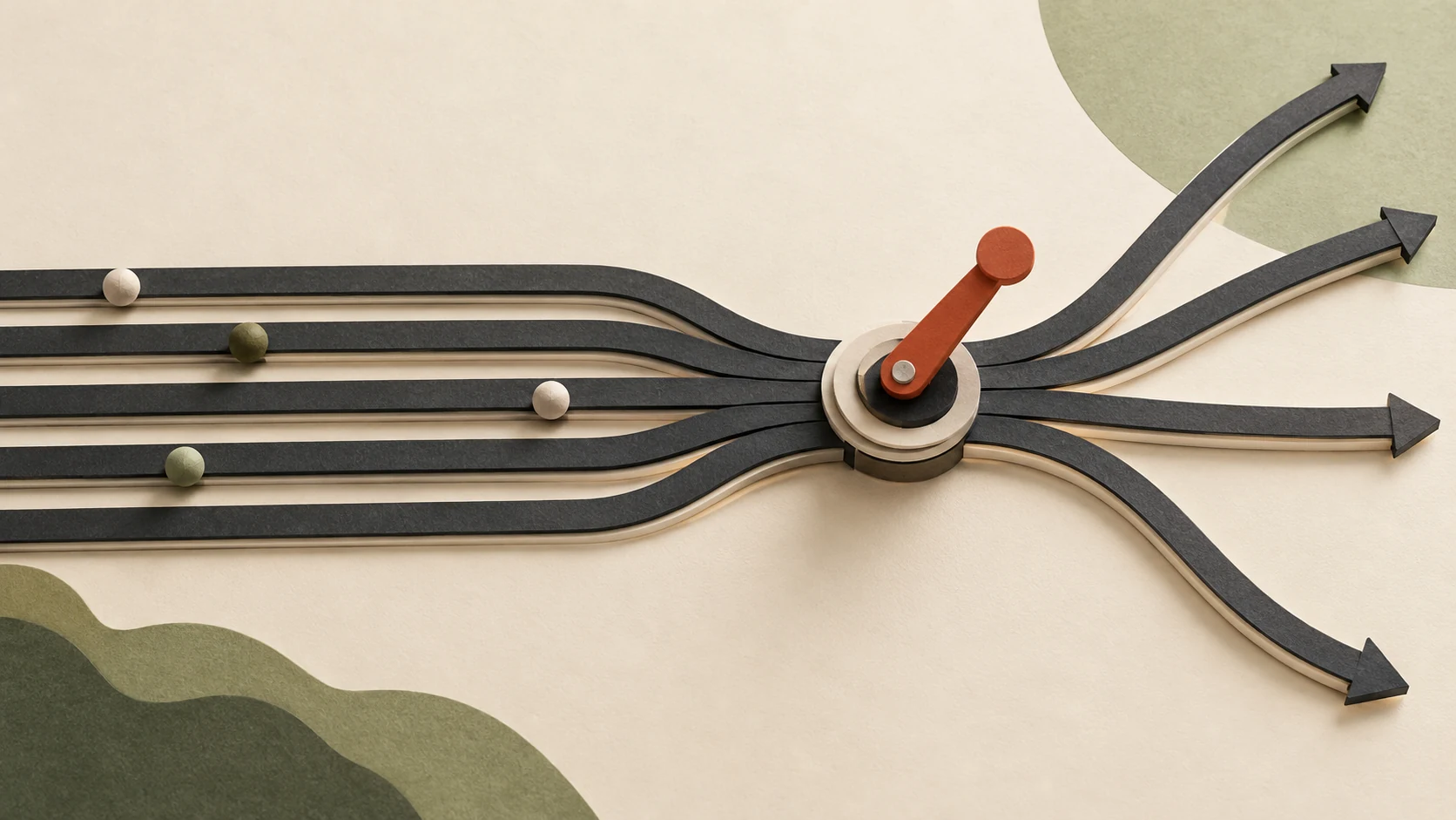 Paper pathways meet at an orange lever before branching across an ivory surface.