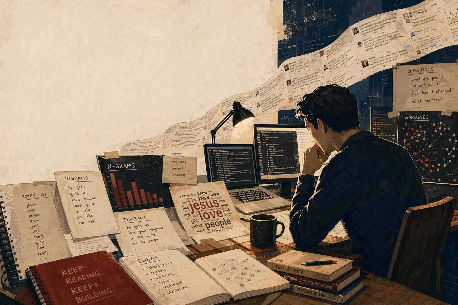 Editorial illustration for a self-taught public-text analysis path