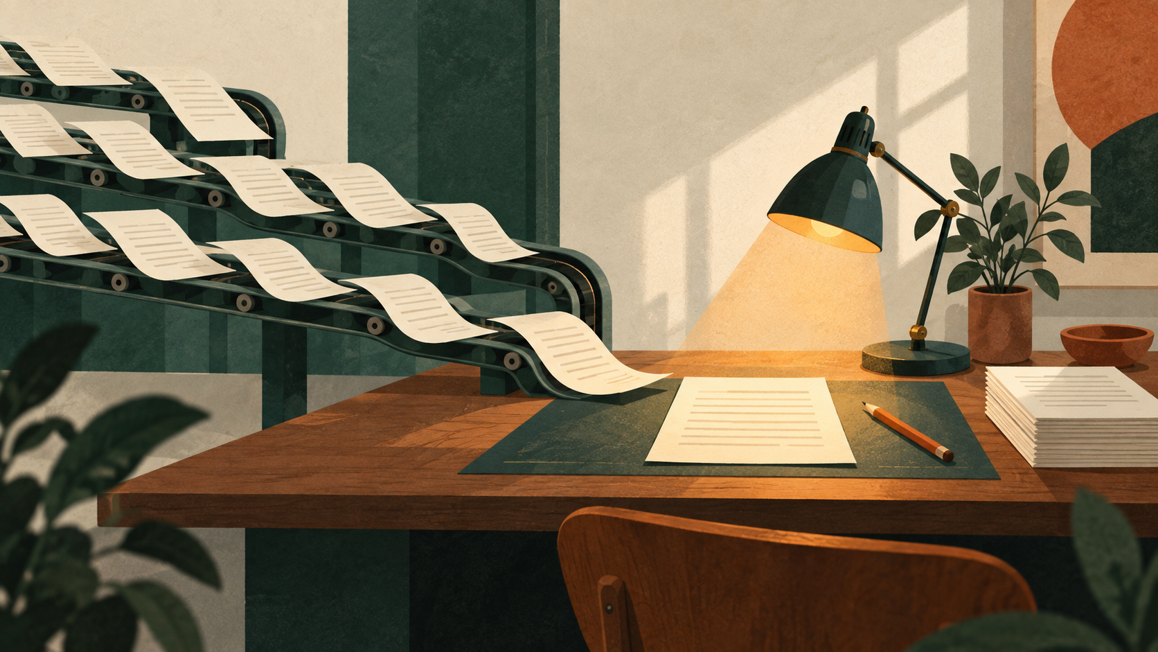 Several tracks deliver papers to a desk where one page rests beneath a lamp, beside a pencil and a finished stack.