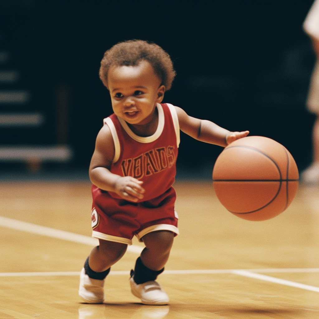 A surreal AI-generated baby basketball scene that looks playful and impossible at the same time.