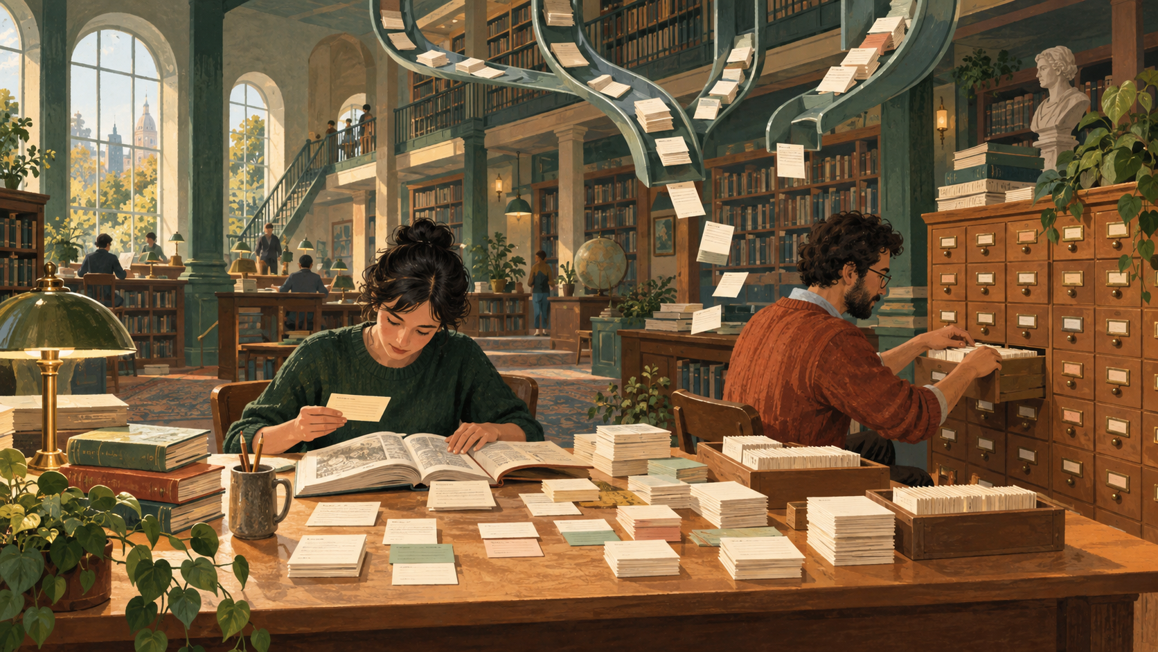An illustrated reference library where two people check and file cards while more arrive through overhead channels.